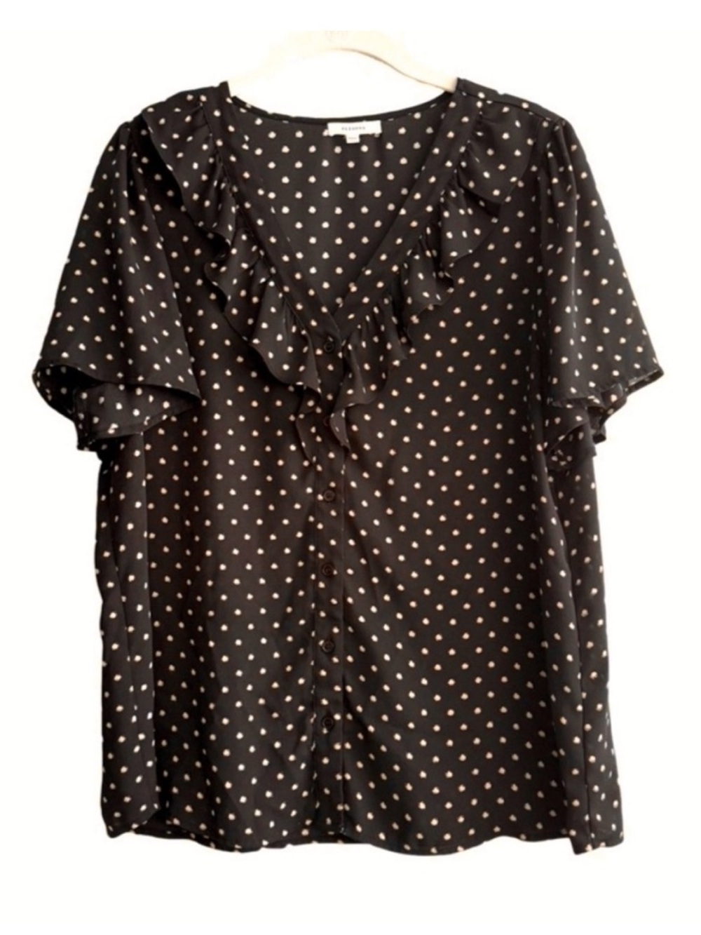 Pleione Button Down Short Sleeve Blouse Ruffle V-neck Black Tan  Size L